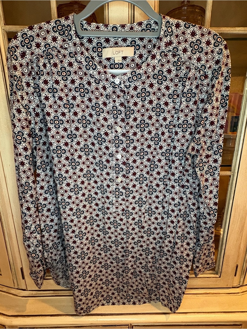 EUC LOFT Blouse with Cream Base and Navy and Burgundy Pattern